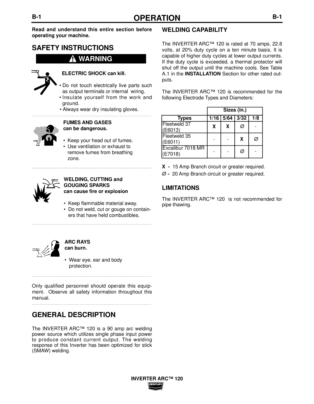 Century IM998 manual Operation, Safety Instructions, General Description, Welding Capability, Limitations 