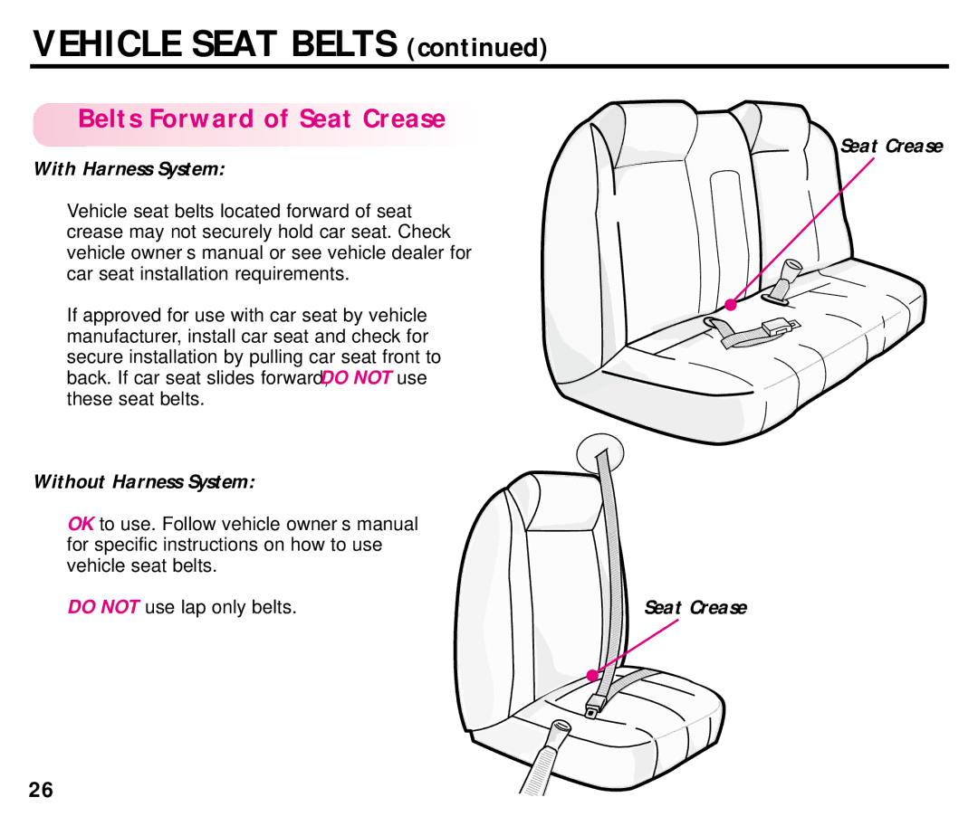 Century ISPB009BA manual Belts Forward of Seat Crease, Seat Crease With Harness System 