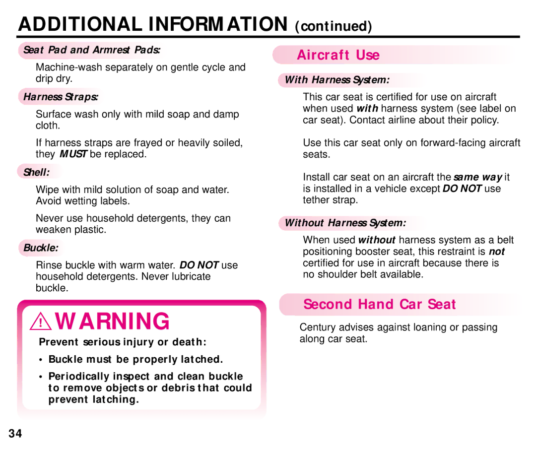 Century ISPB009BA manual Aircraft Use, Seat Pad and Armrest Pads, Harness Straps, Shell 