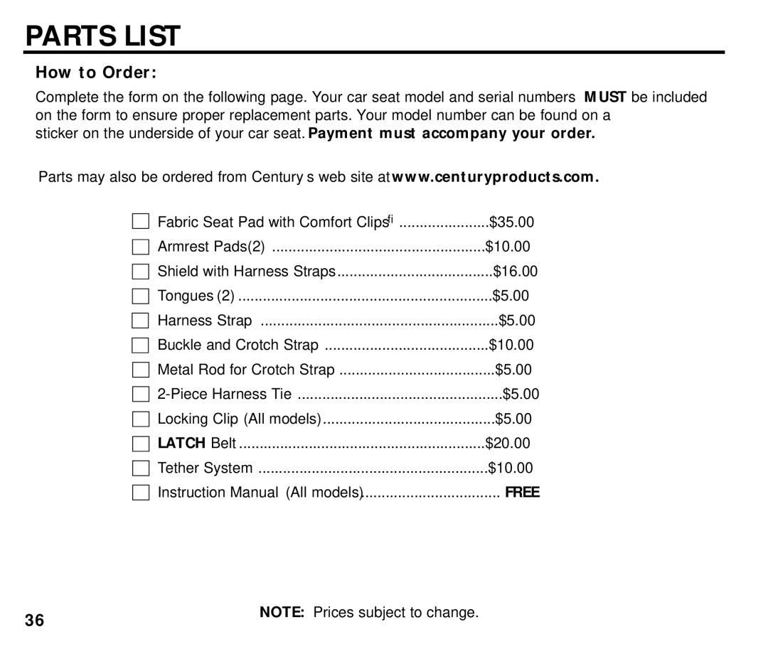 Century ISPB009BA manual Parts List, How to Order 