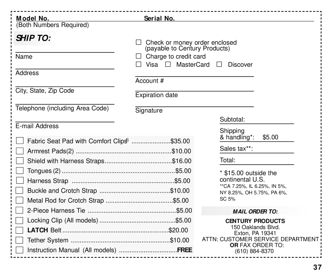 Century ISPB009BA manual Ship to, Both Numbers Required 