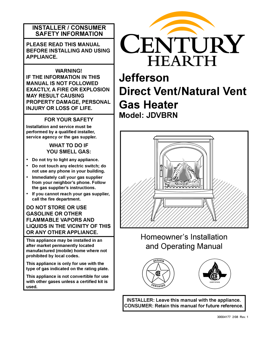 Century manual Jefferson Direct Vent/Natural Vent Gas Heater 