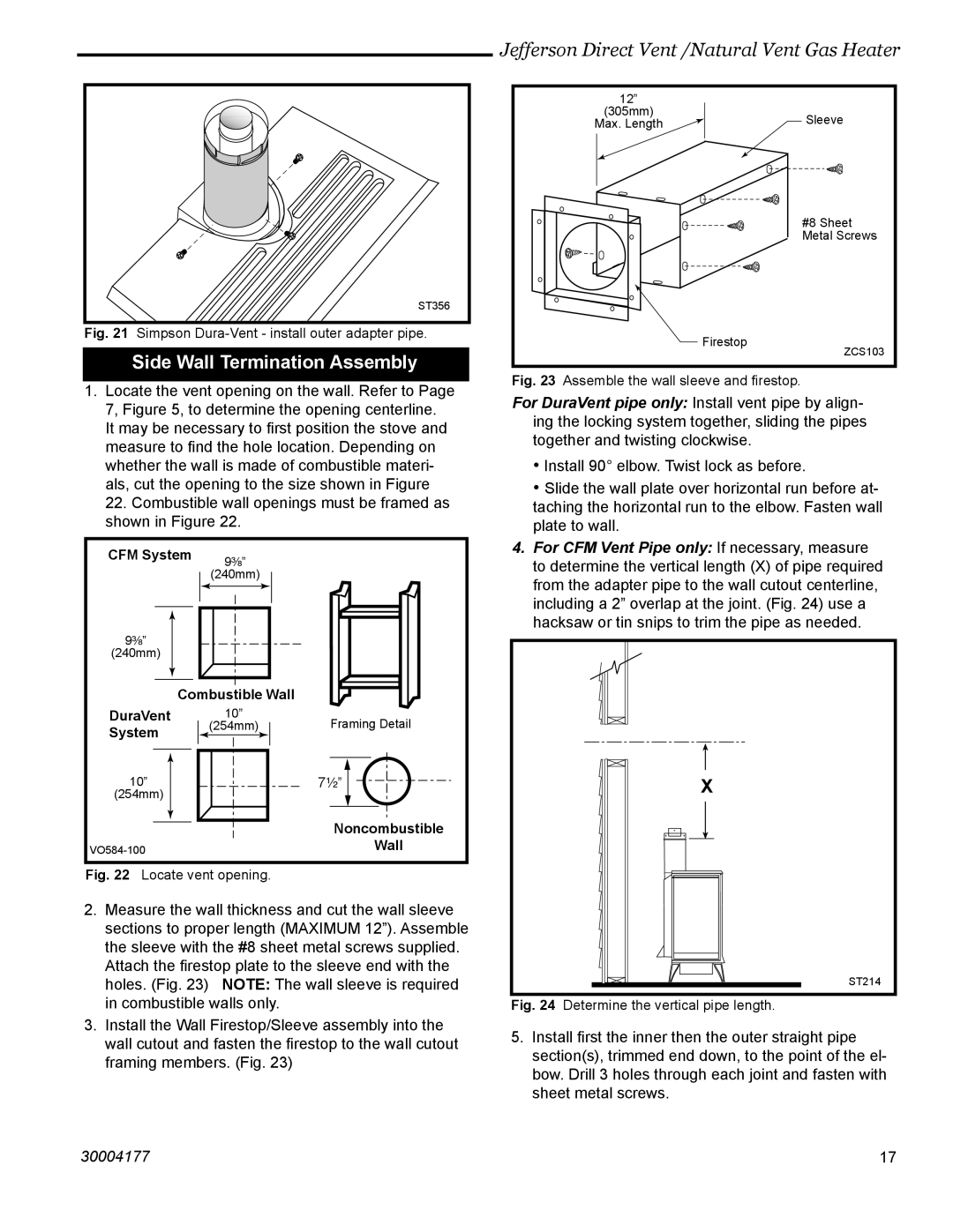 Century Jefferson manual Side Wall Termination Assembly, Simpson Dura-Vent install outer adapter pipe 