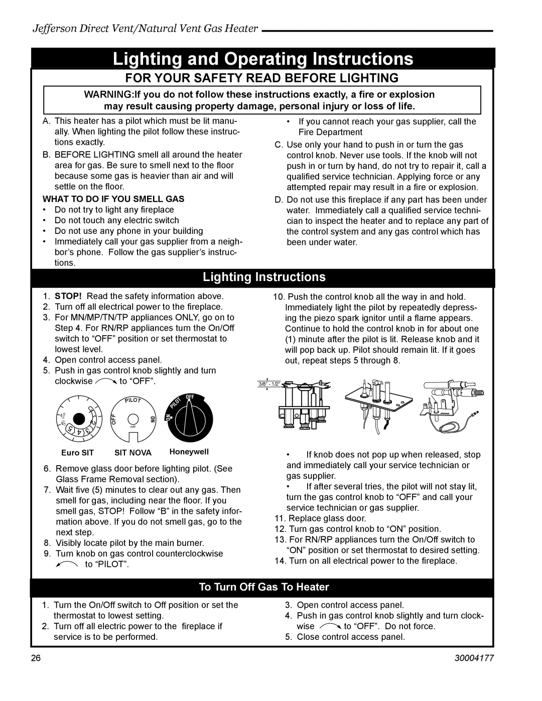 Century Jefferson manual Lighting and Operating Instructions, To Turn Off Gas To Heater 