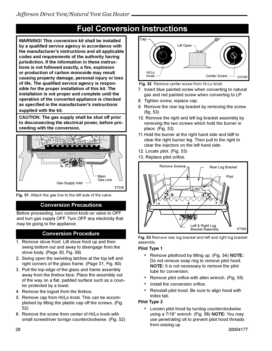 Century Jefferson manual Fuel Conversion Instructions, Conversion Precautions, Conversion Procedure, Pilot Type 