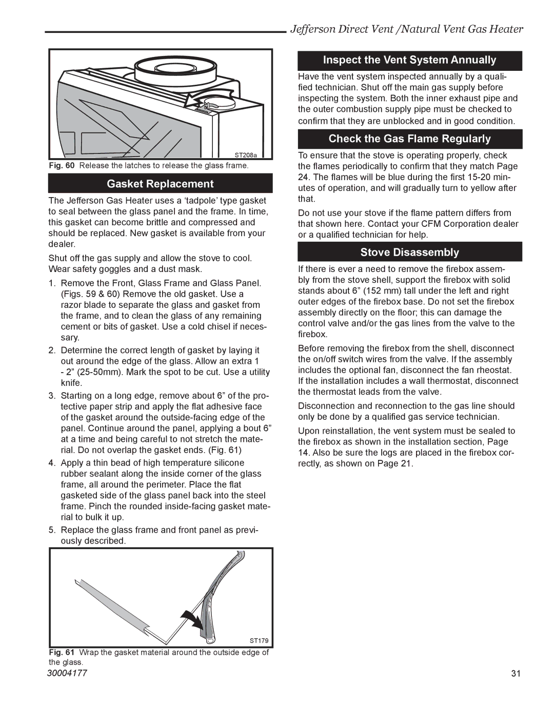 Century Jefferson Gasket Replacement, Inspect the Vent System Annually, Check the Gas Flame Regularly, Stove Disassembly 