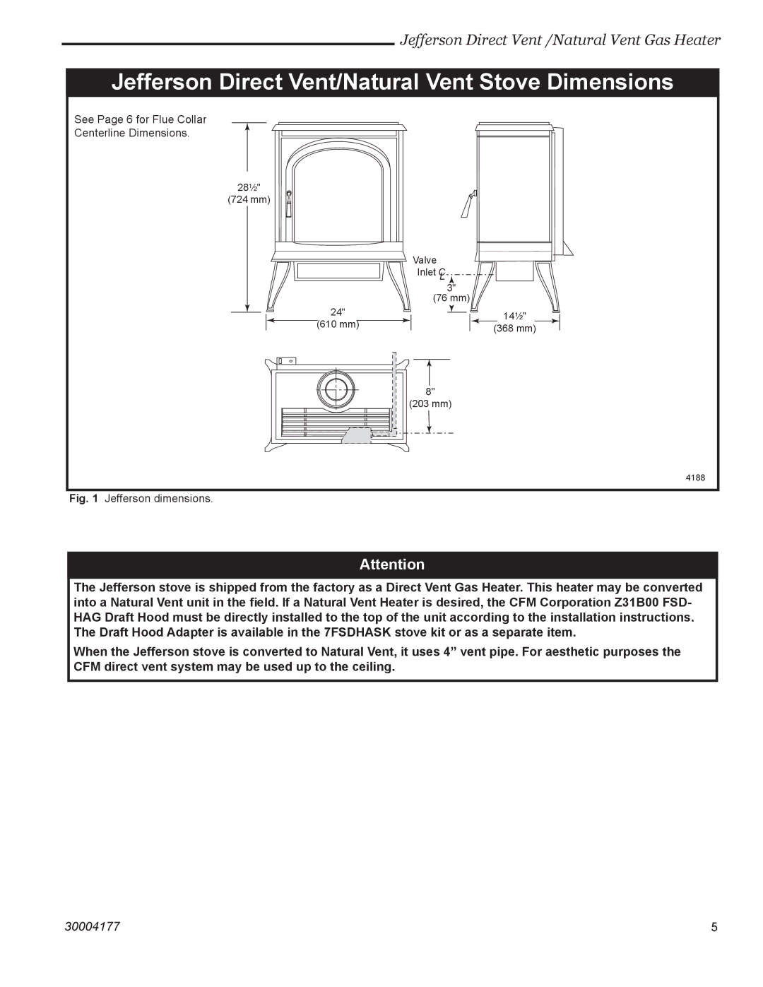 Century manual Jefferson Direct Vent/Natural Vent Stove Dimensions, Jefferson dimensions 