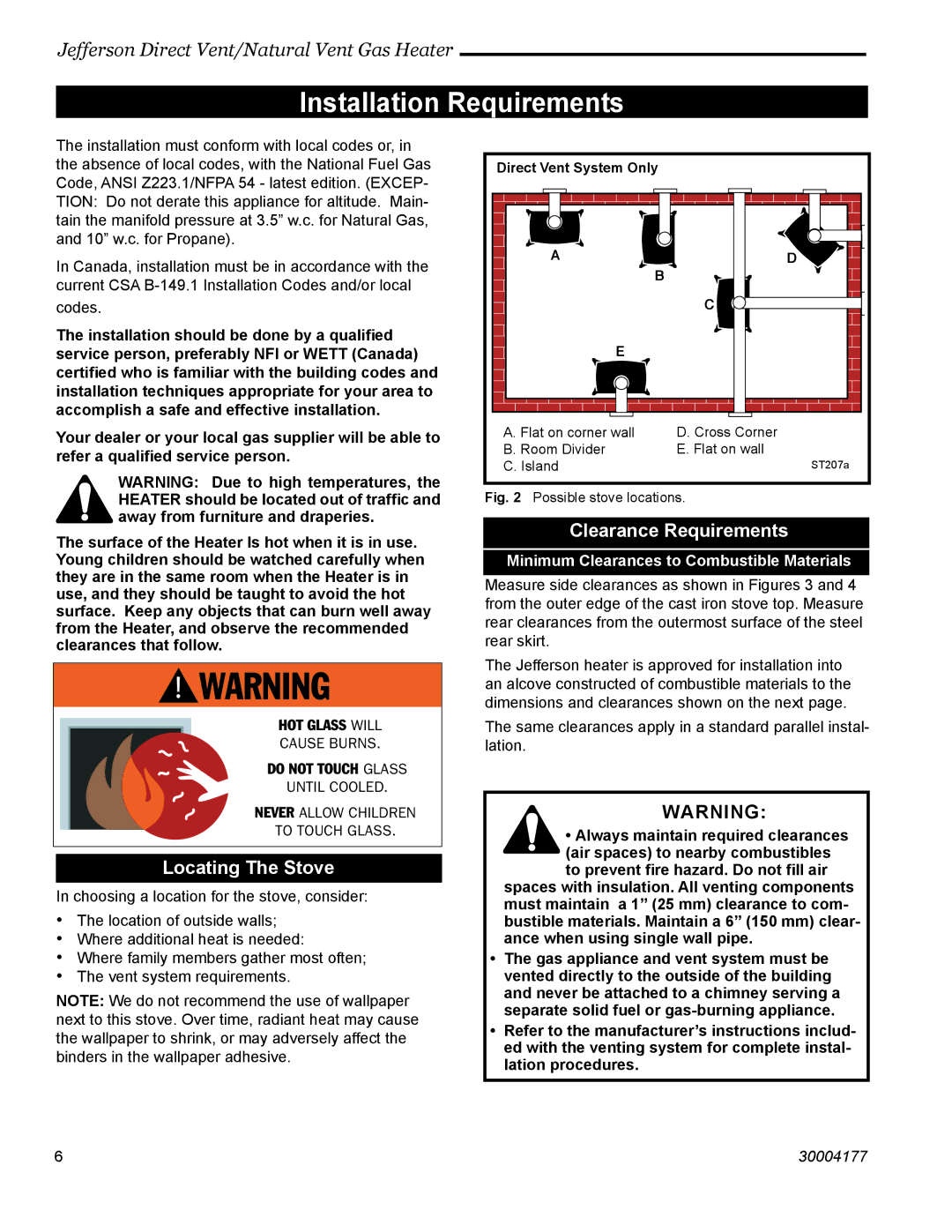 Century Jefferson manual Installation Requirements, Locating The Stove, Clearance Requirements 