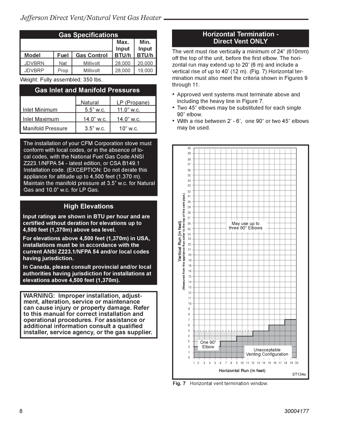 Century Jefferson manual Gas Speciﬁcations, Gas Inlet and Manifold Pressures, High Elevations 