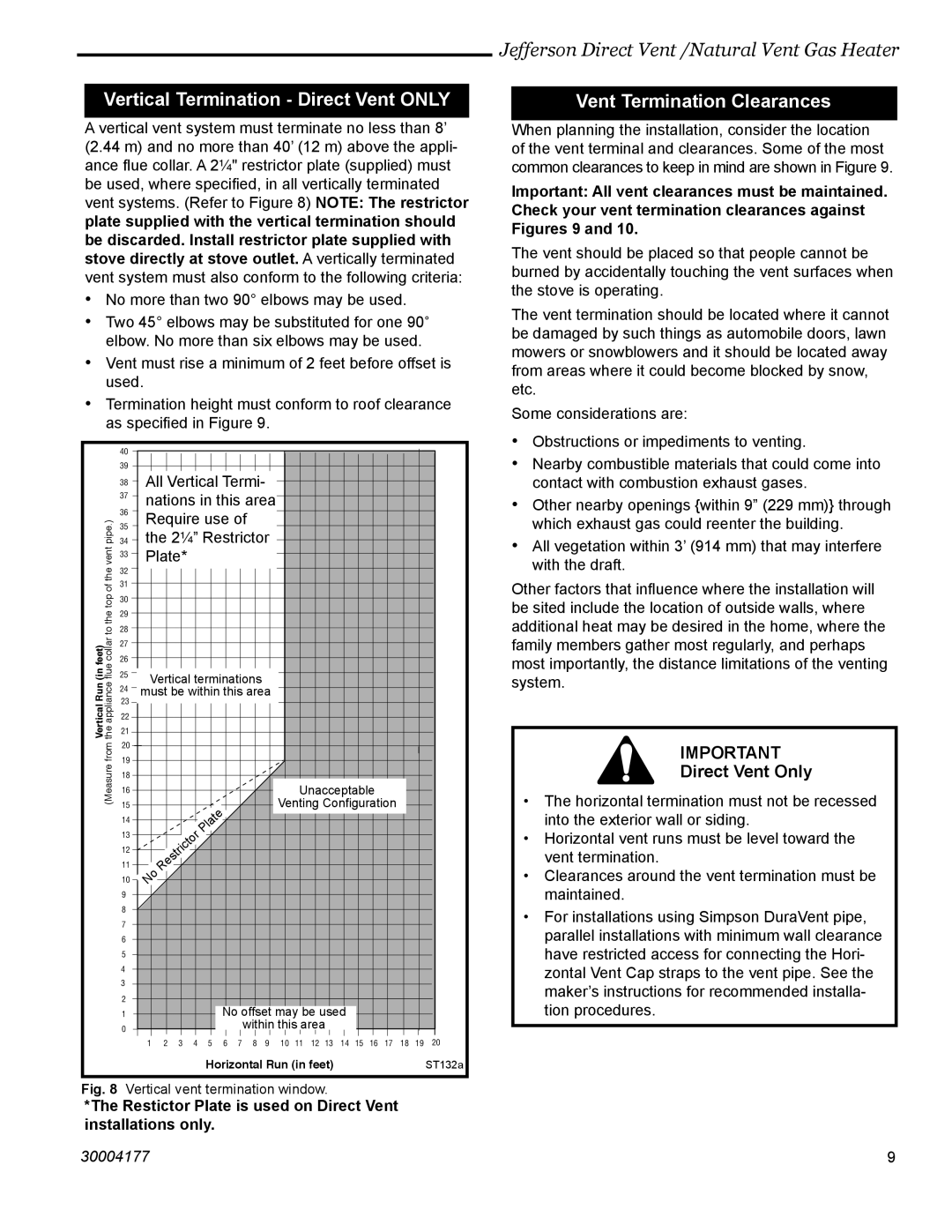 Century Jefferson manual Vertical Termination Direct Vent only, Vent Termination Clearances 