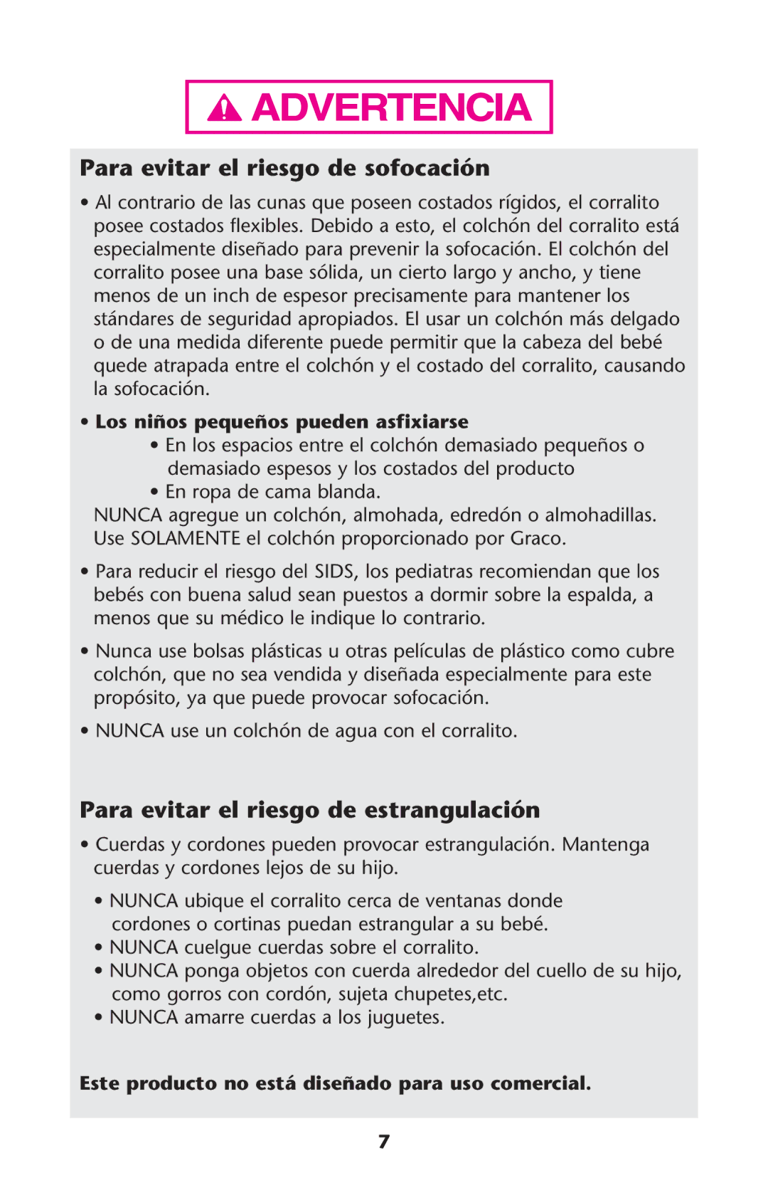 Century none owner manual Para evitar el riesgo de sofocación, Para evitar el riesgo de estrangulación 