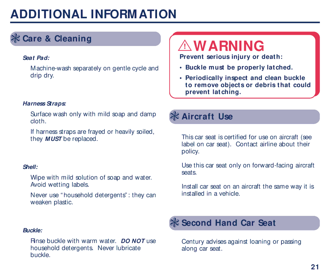 Century Plus 22 manual Additional Information, Care & Cleaning, Aircraft Use, Second Hand Car Seat 