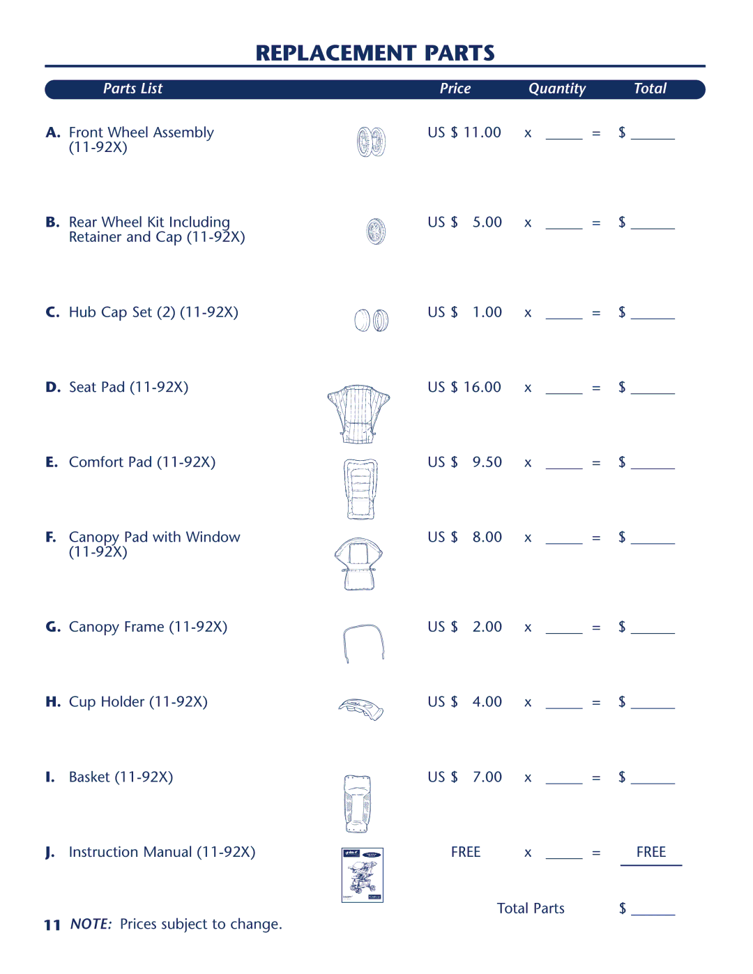 Century PM-1026AB manual Replacement Parts, Parts List, Price Quantity Total 