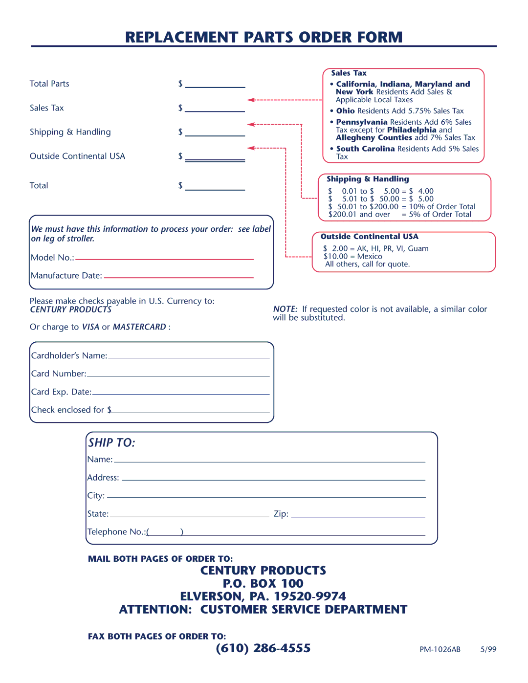 Century PM-1026AB manual Replacement Parts Order Form, Outside Continental USA 