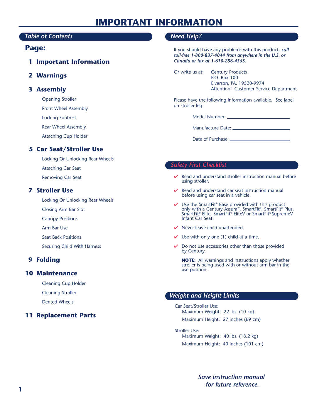 Century PM-1026AB manual Important Information, Table of Contents, Need Help?, Weight and Height Limits 