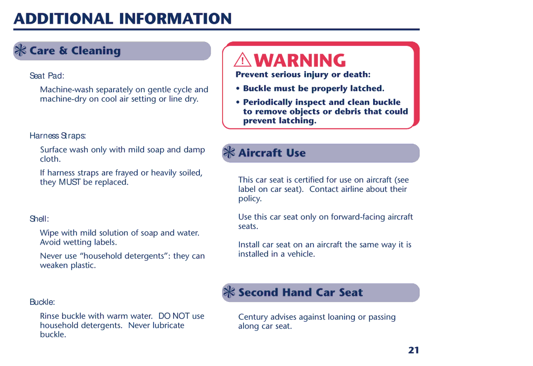 Century PM-1026AB manual Additional Information, Care & Cleaning, Aircraft Use, Second Hand Car Seat 