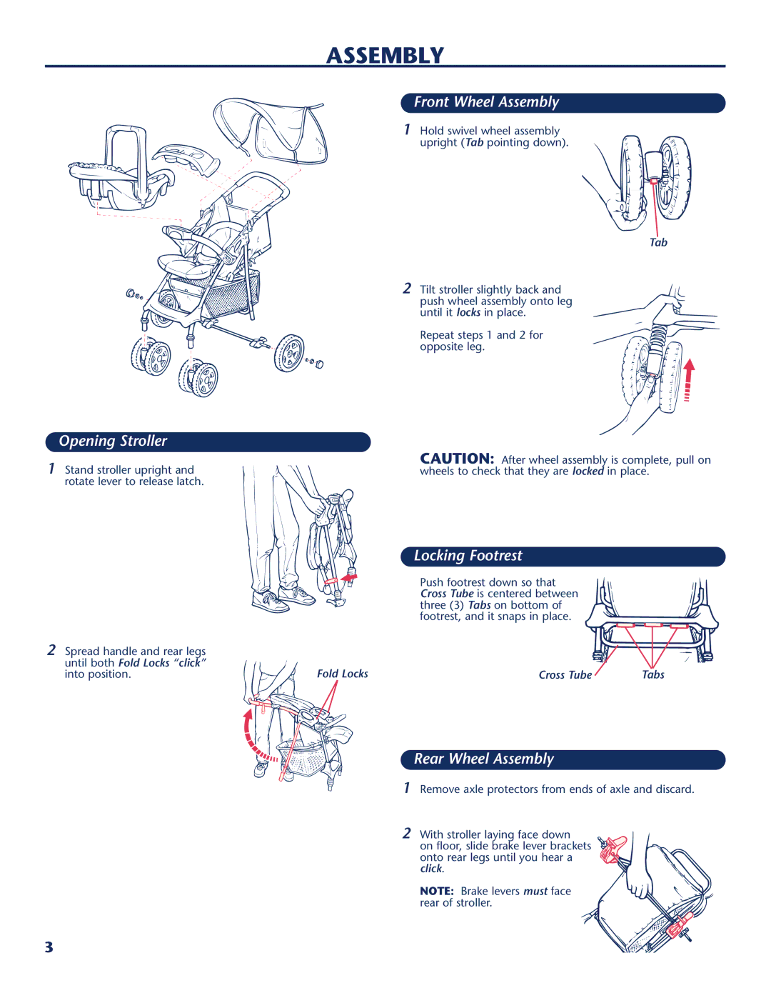 Century PM-1026AB manual Front Wheel Assembly, Opening Stroller, Locking Footrest, Rear Wheel Assembly 