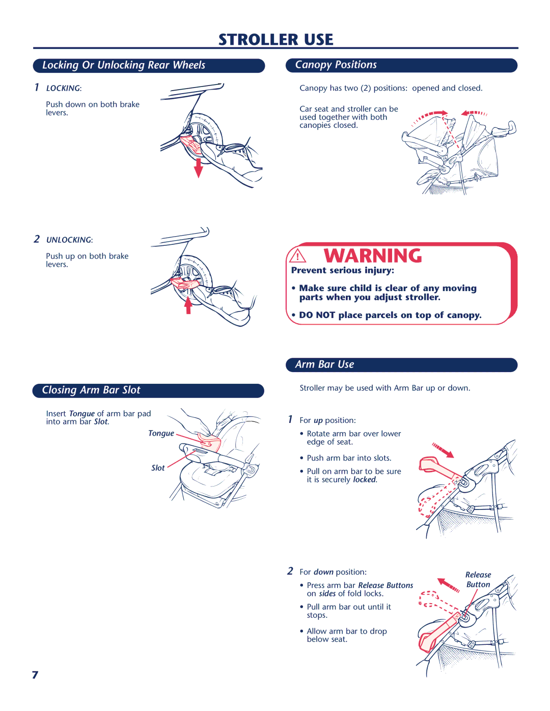 Century PM-1026AB manual Stroller USE, Canopy Positions, Closing Arm Bar Slot, Arm Bar Use, Button 