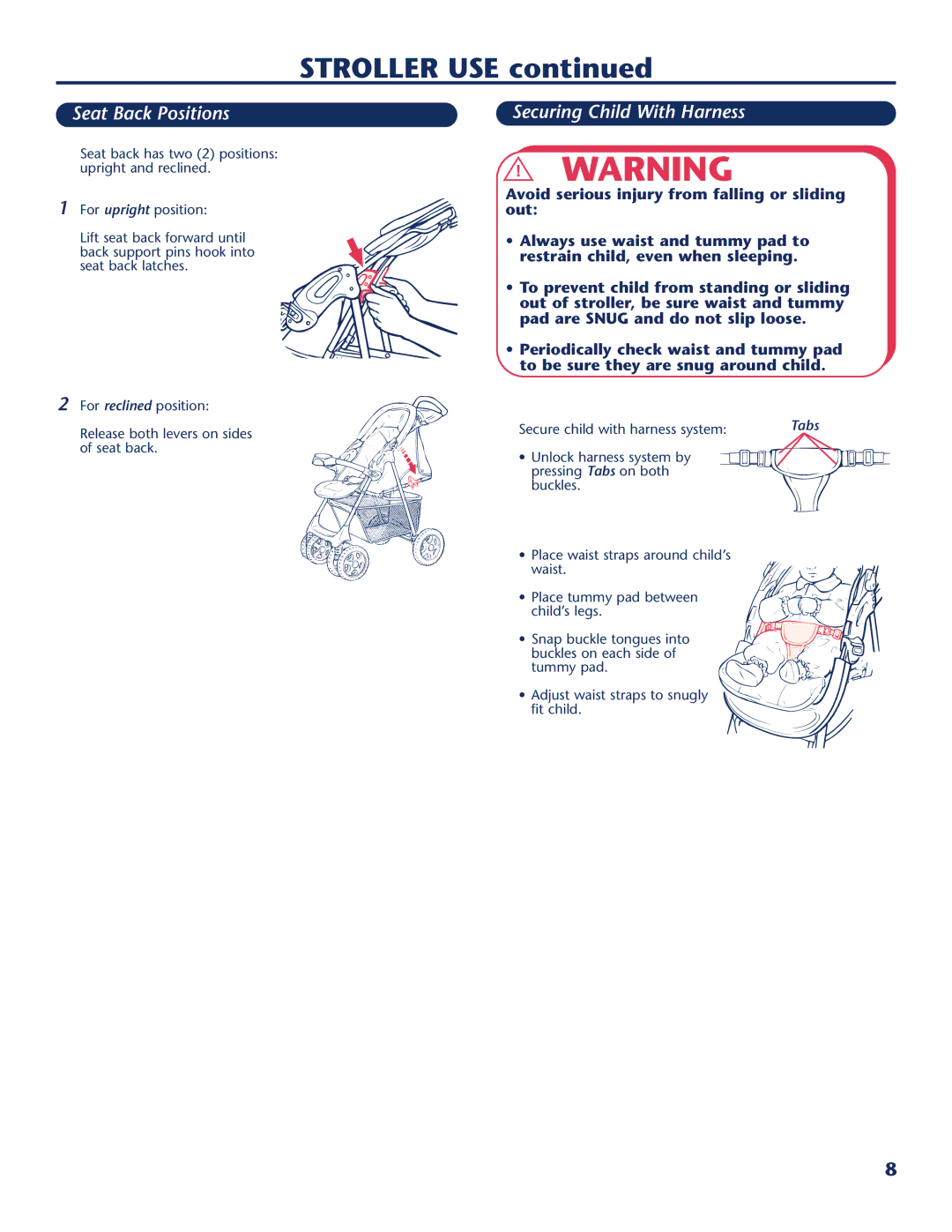 Century PM-1026AB manual Seat Back Positions, Securing Child With Harness, Secure child with harness system 