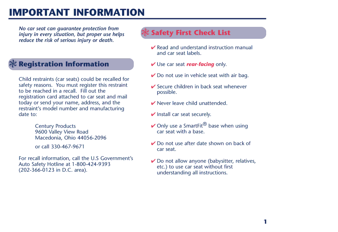 Century PM-1109AB manual Important Information, Registration Information 