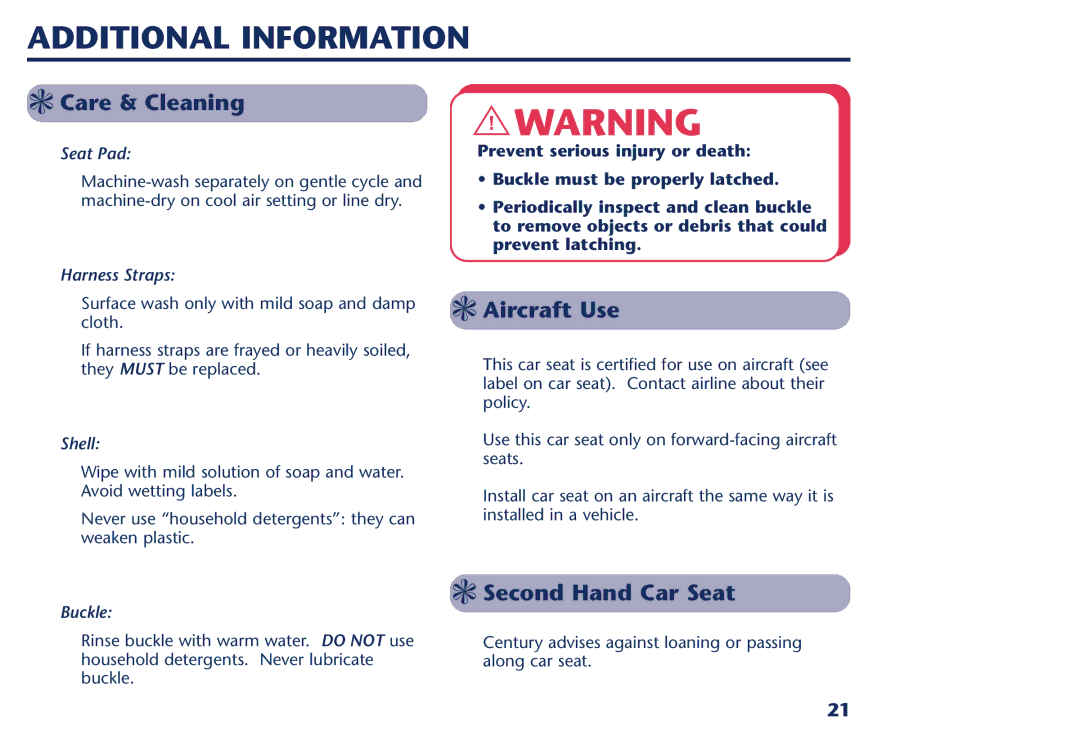 Century PM-1109AB manual Additional Information, Care & Cleaning, Aircraft Use, Second Hand Car Seat 