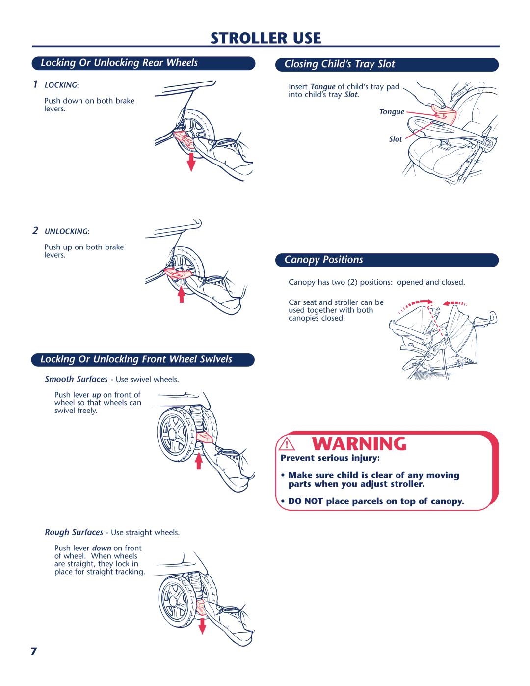 Century PM-1109AB manual Stroller USE, Closing Child’s Tray Slot, Canopy Positions 