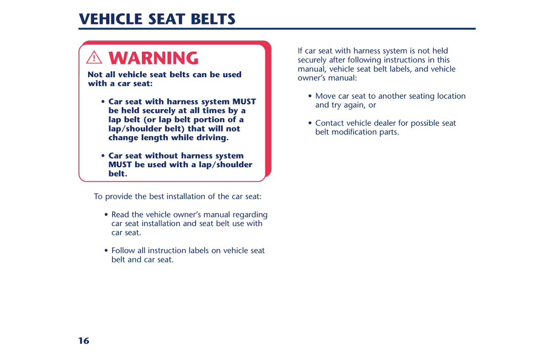 Century PM-1378AB instruction manual Vehicle Seat Belts 