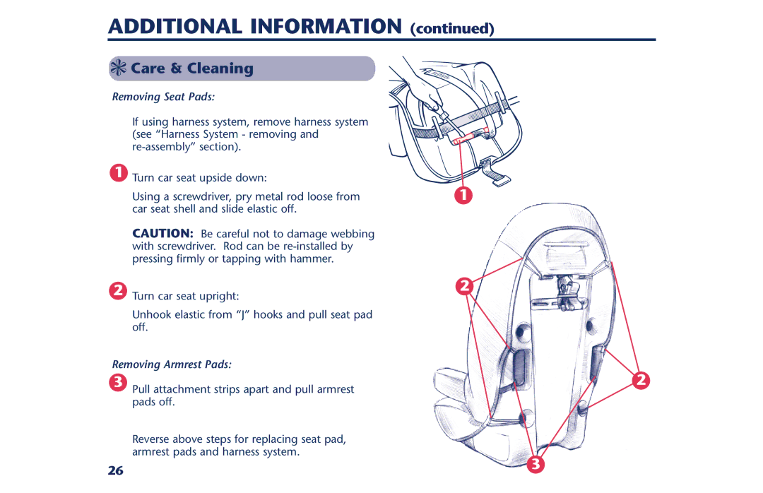 Century PM-1378AB instruction manual Care & Cleaning, Removing Seat Pads, Removing Armrest Pads 