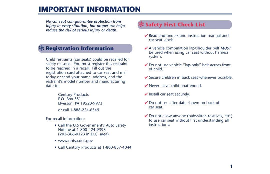 Century PM-1378AB instruction manual Important Information, Registration Information 