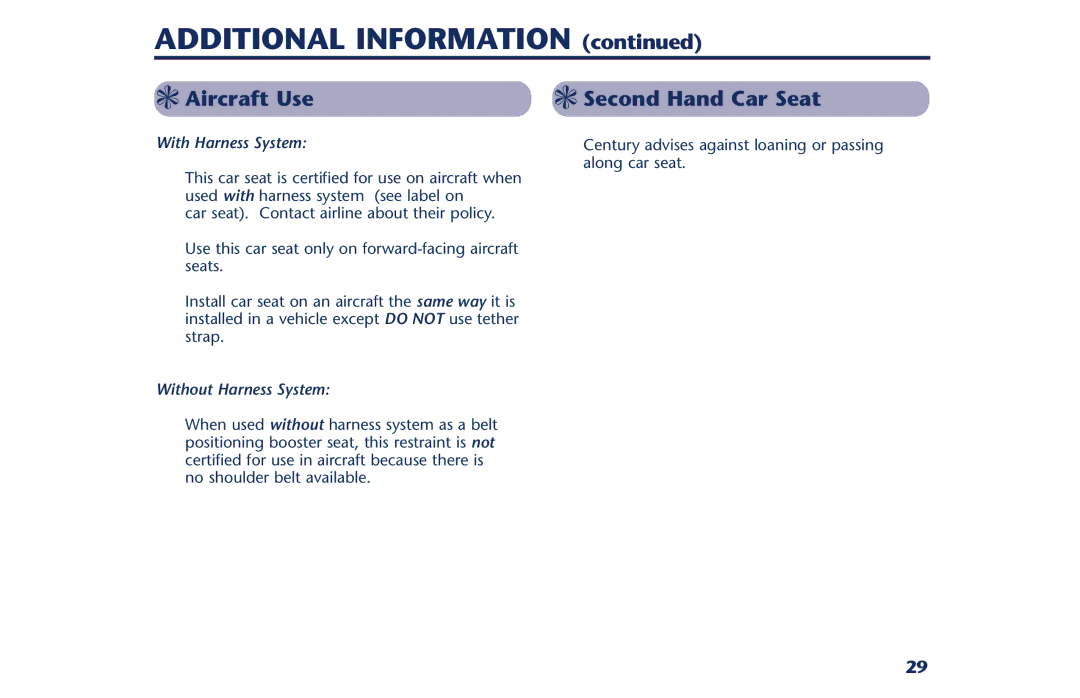 Century PM-1378AB instruction manual Aircraft Use, Second Hand Car Seat 