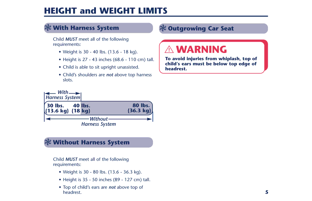 Century PM-1378AB Height and Weight Limits, With Harness System, Outgrowing Car Seat, Without Harness System 