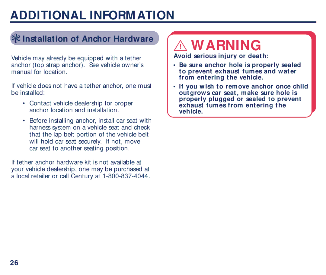 Century PM-1435AB manual Additional Information, Installation of Anchor Hardware 