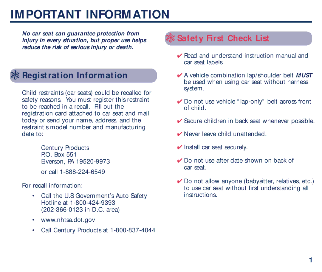 Century PM-1435AB manual Important Information, Registration Information 