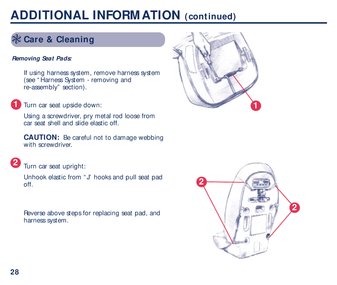 Century PM-1435AB manual Care & Cleaning, Removing Seat Pads 