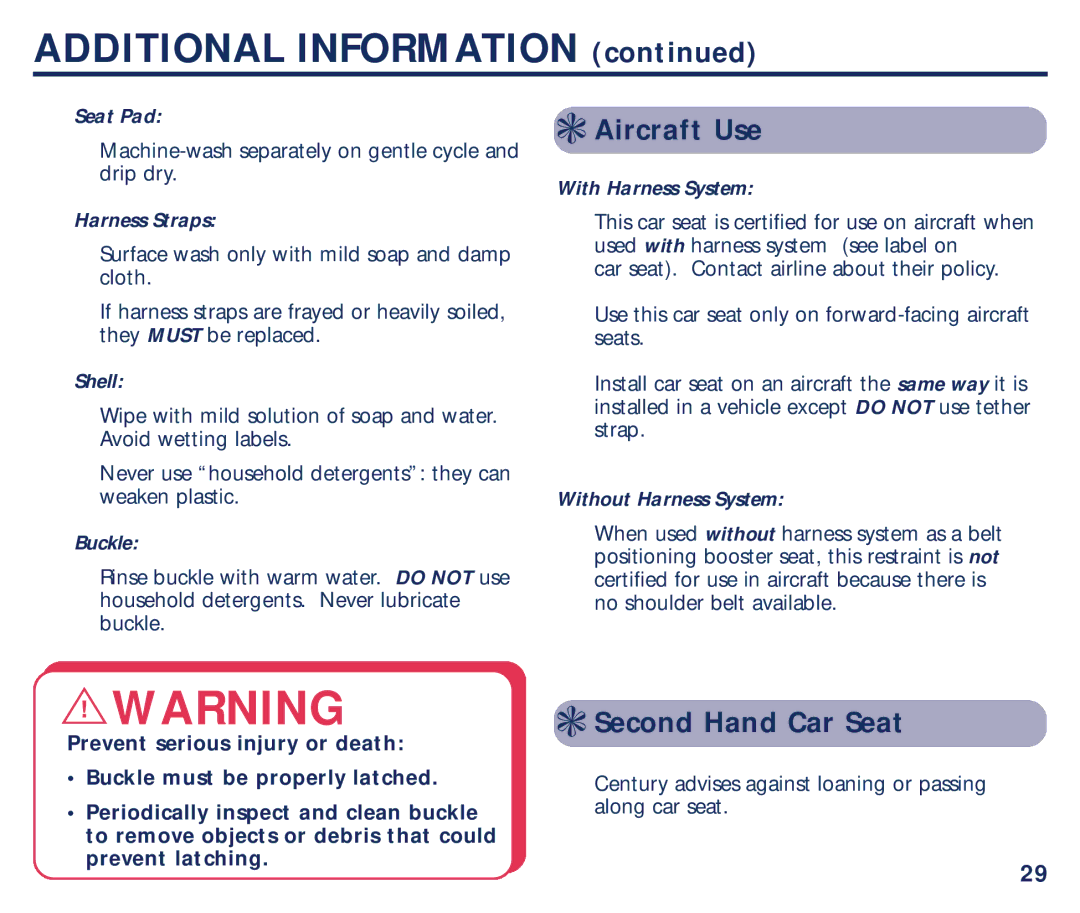 Century PM-1435AB manual Aircraft Use, Second Hand Car Seat, Seat Pad, Harness Straps, Shell 