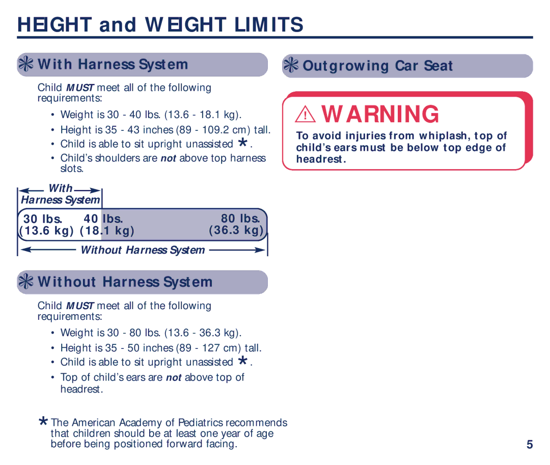 Century PM-1435AB manual Height and Weight Limits, With Harness System, Outgrowing Car Seat, Without Harness System 