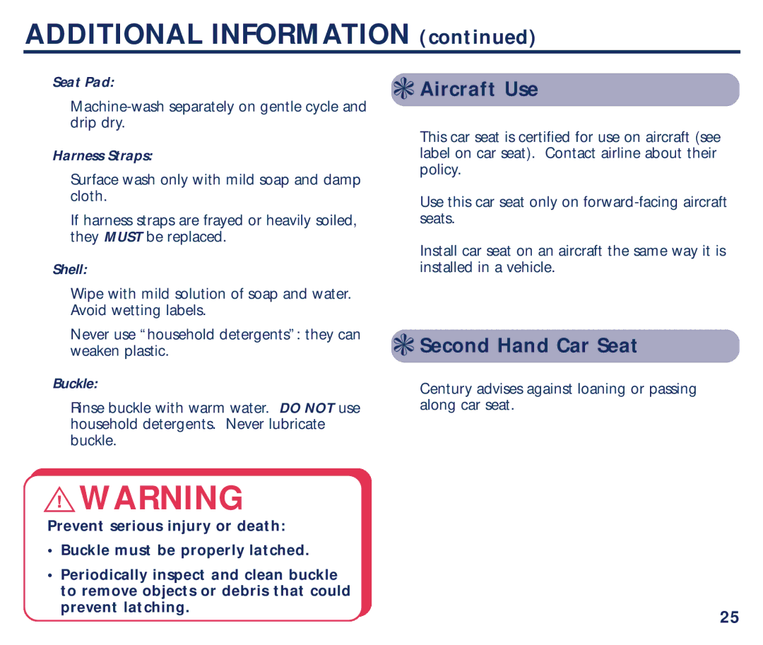 Century PM-1634AB 6/01 manual Aircraft Use, Second Hand Car Seat, Seat Pad, Harness Straps, Shell 