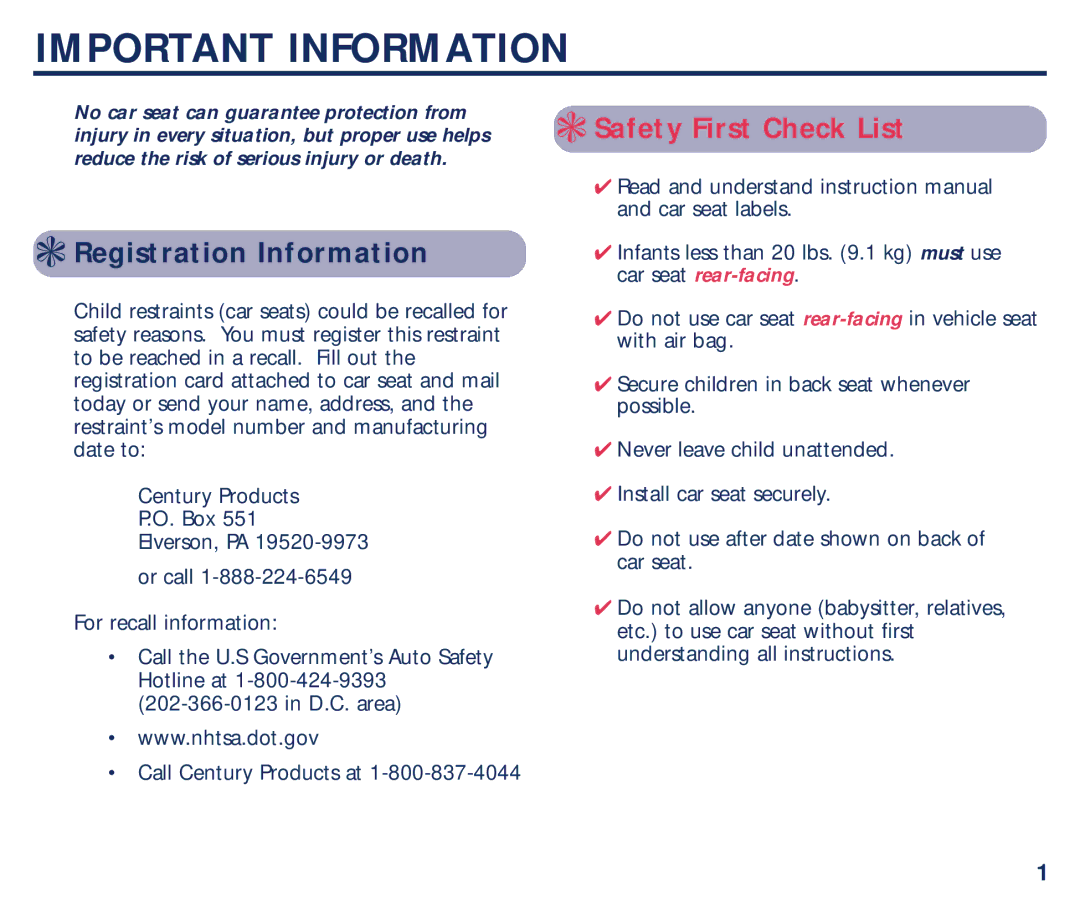 Century PM-1634AB 6/01 manual Important Information, Registration Information 