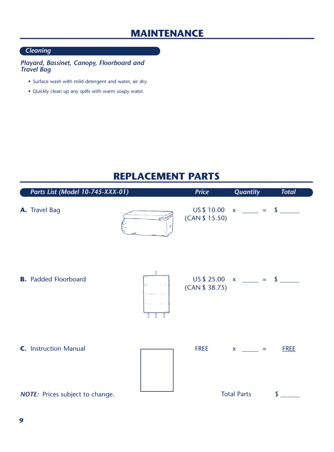 Century PM-1644AA instruction manual Maintenance, Replacement Parts, Cleaning, Parts List Model Price Quantity Total 