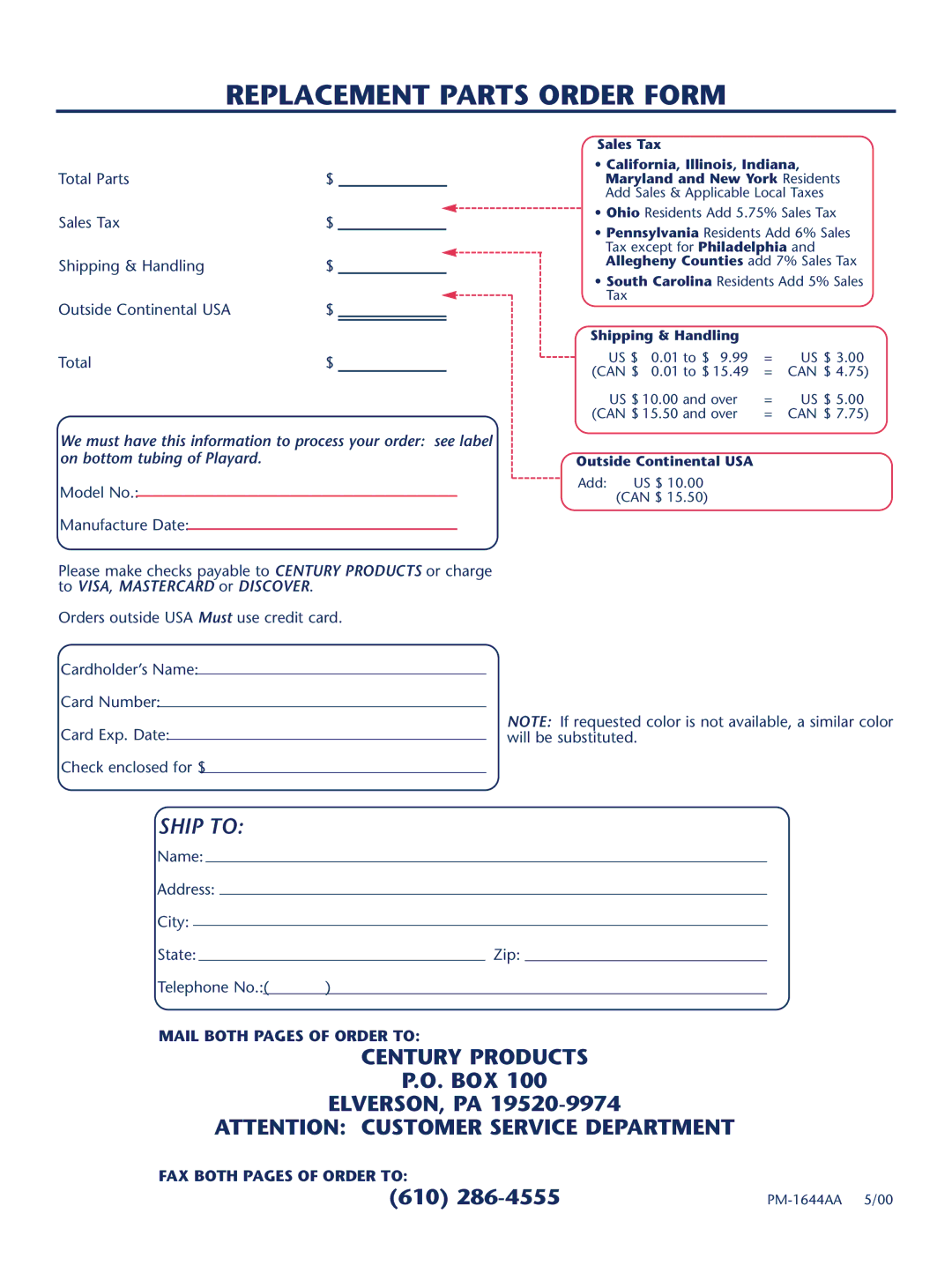 Century PM-1644AA instruction manual Replacement Parts Order Form, Ship to 