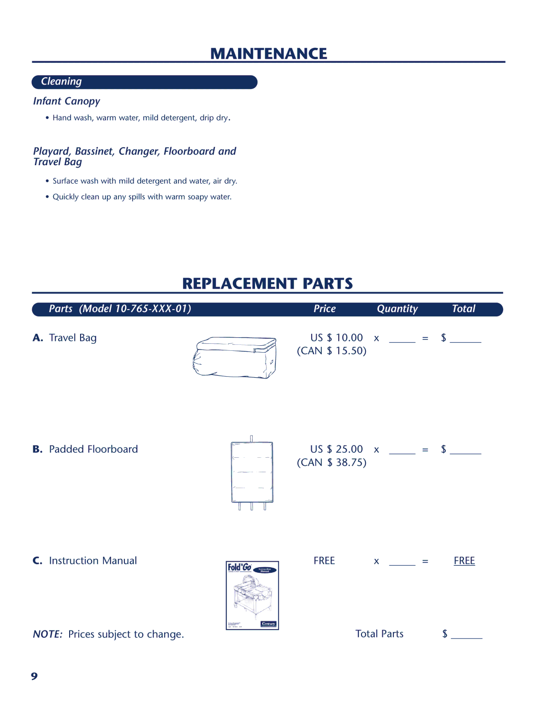 Century PM-1647AA instruction manual Maintenance, Replacement Parts, Cleaning, Parts Model Price Quantity Total 