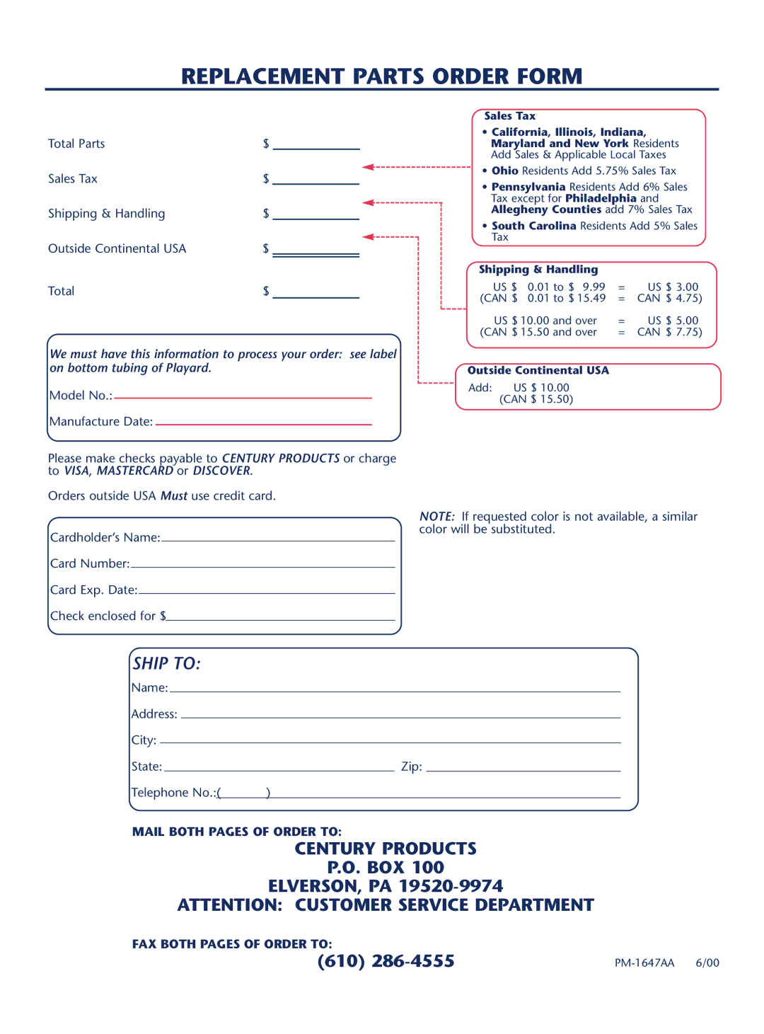 Century PM-1647AA instruction manual Replacement Parts Order Form, Model No Manufacture Date 