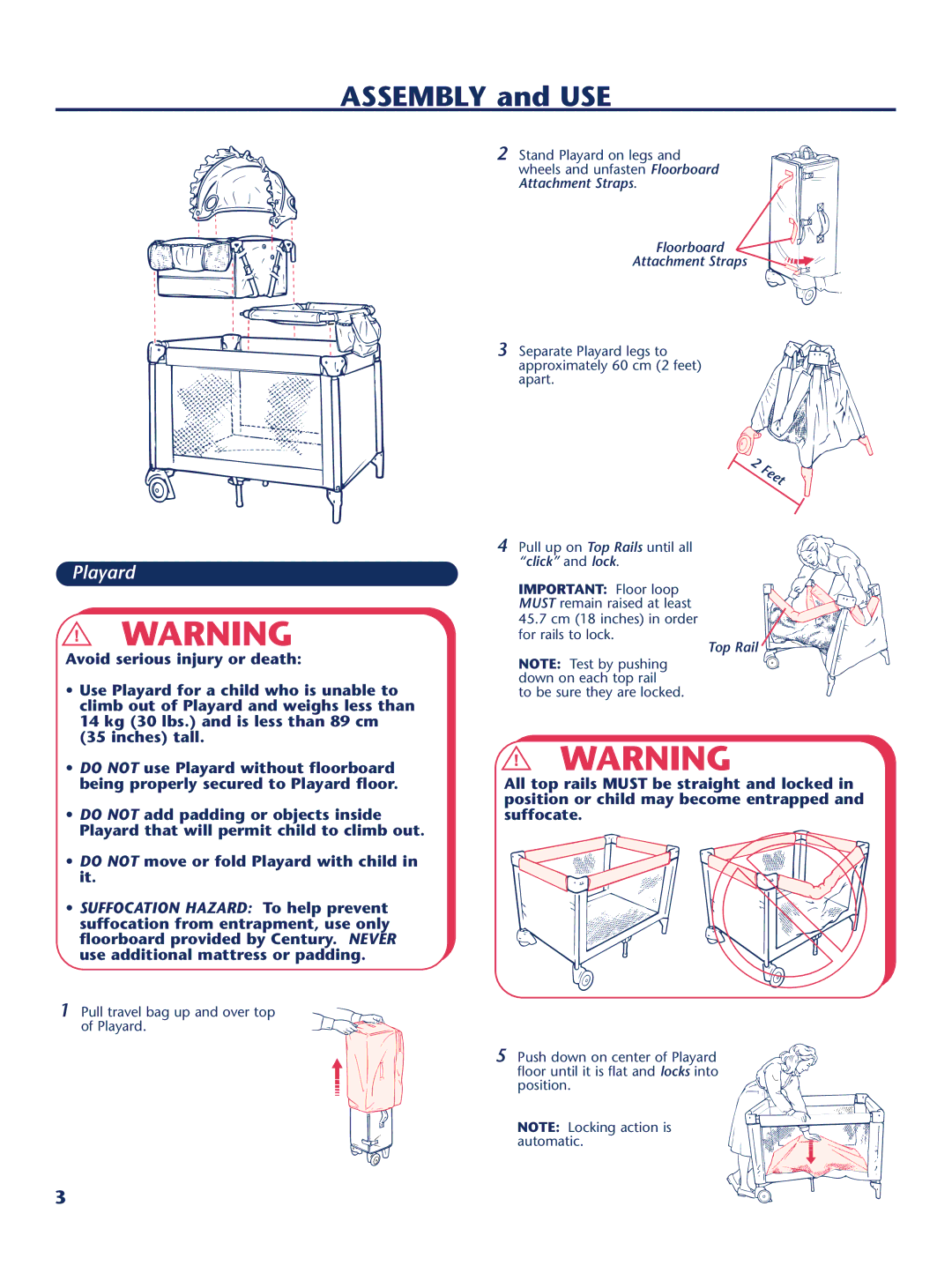 Century PM-1647AA instruction manual Assembly and USE, Playard 