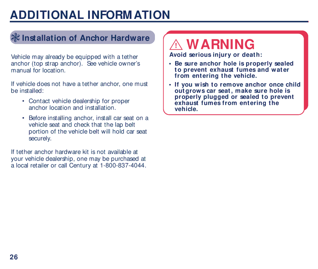 Century PM-1707AB manual Additional Information, Installation of Anchor Hardware 