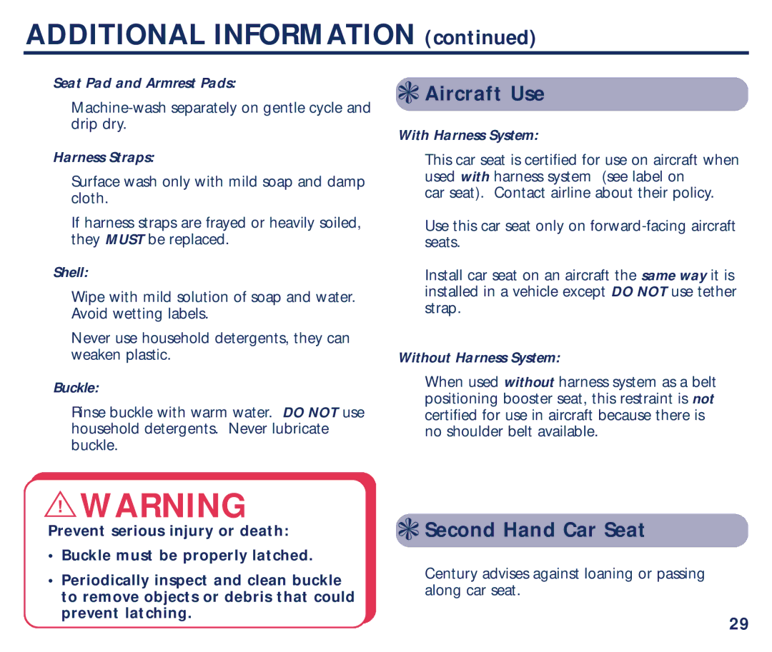 Century PM-1707AB manual Aircraft Use, Second Hand Car Seat, Seat Pad and Armrest Pads, Harness Straps, Shell 