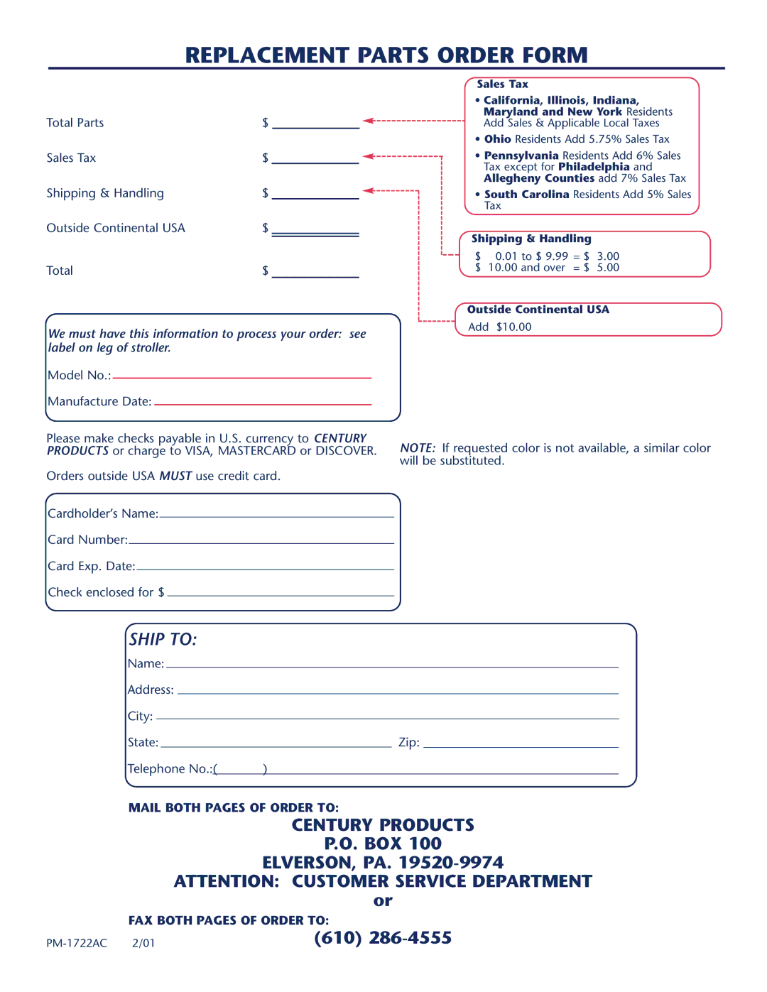 Century PM-1722AC instruction manual Replacement Parts Order Form, Model No Manufacture Date 