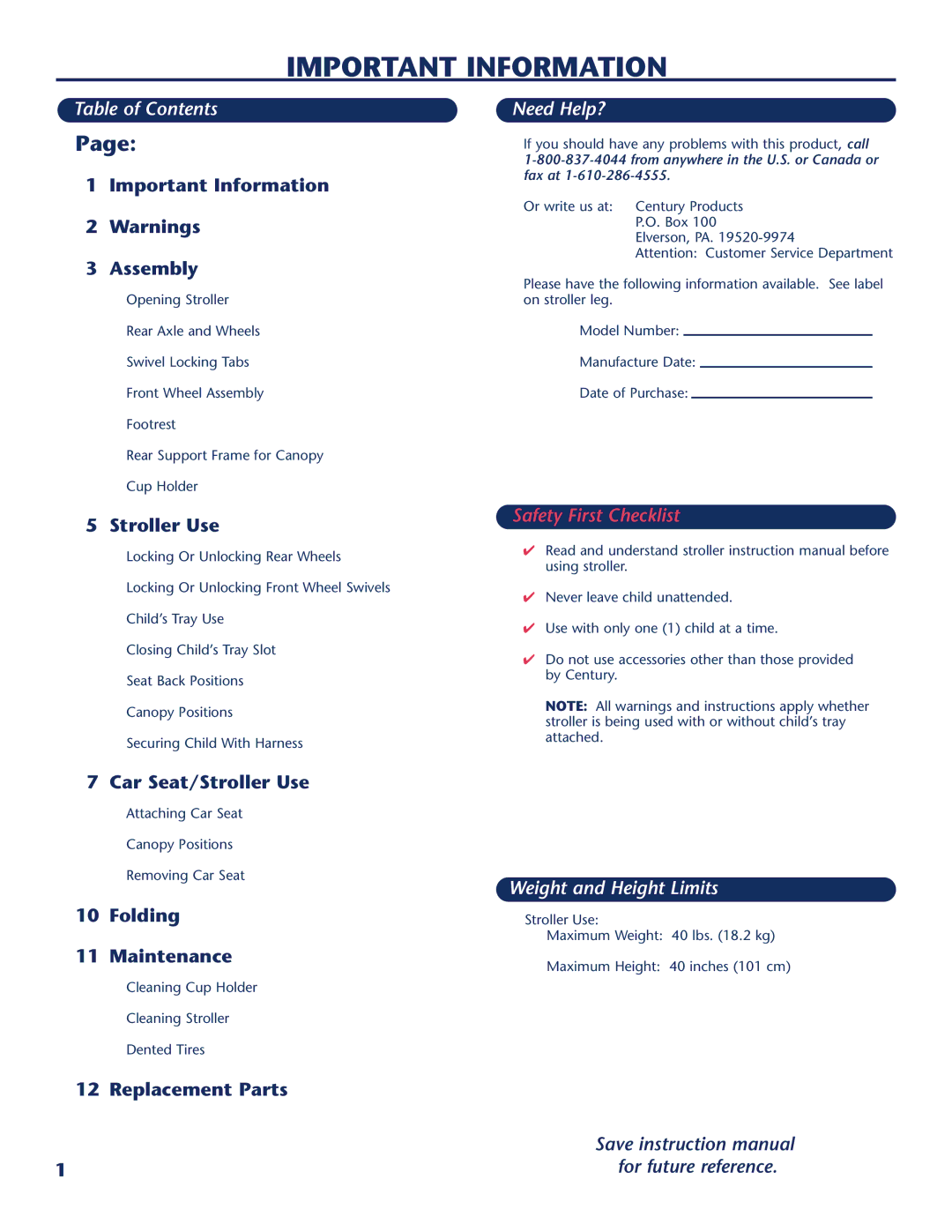 Century PM-1722AC instruction manual Important Information, Table of Contents, Need Help?, Weight and Height Limits 