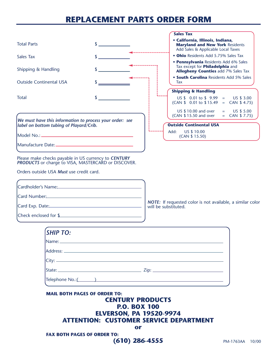 Century PM-1763AA instruction manual Replacement Parts Order Form, Model No Manufacture Date 