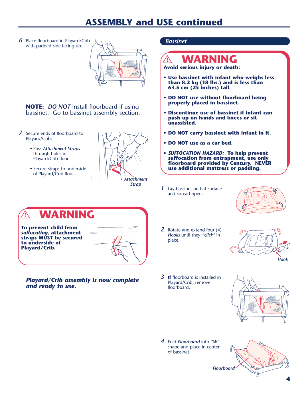 Century PM-1763AA instruction manual Bassinet, Pass Attachment Straps, Hook 