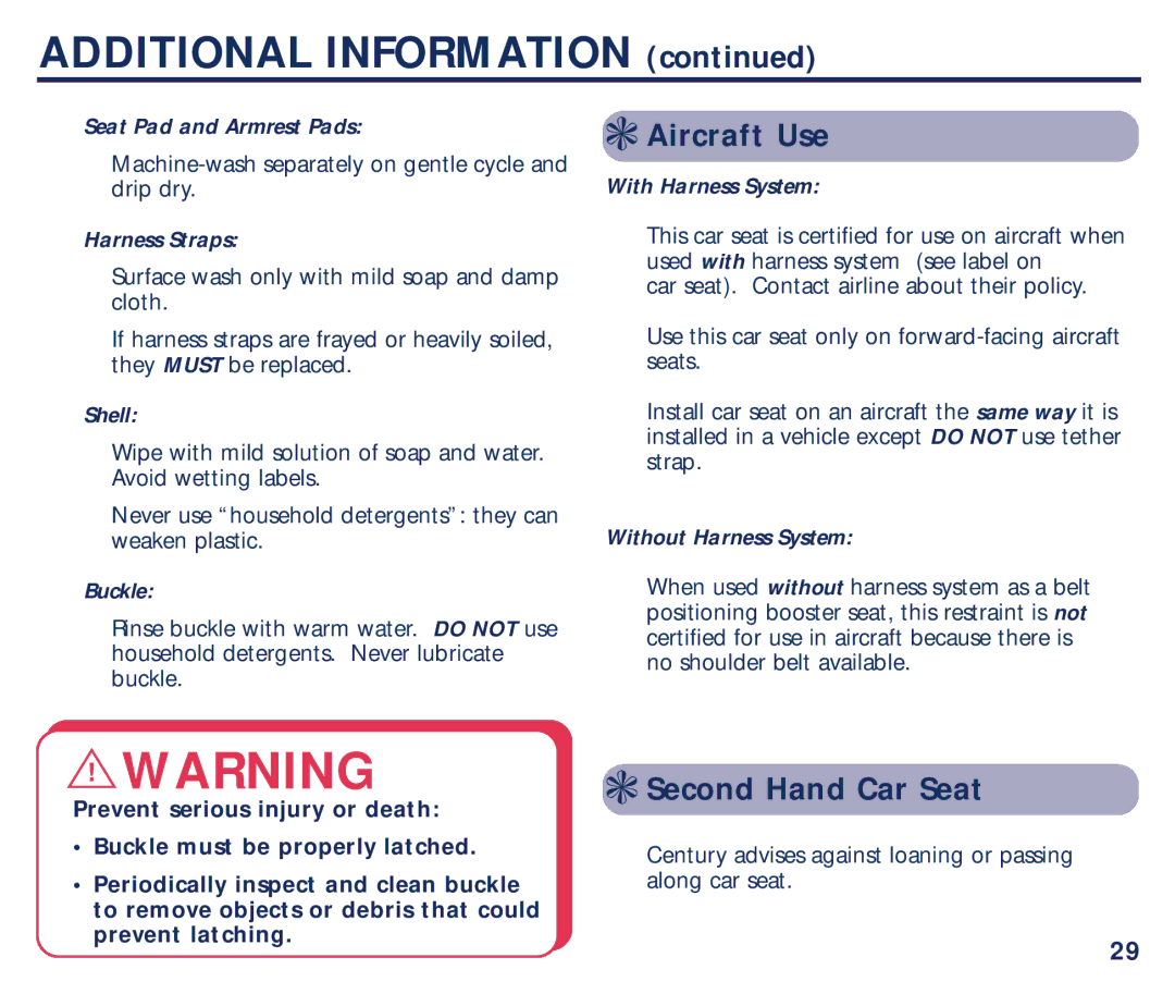 Century PM-1863AB manual Aircraft Use, Second Hand Car Seat, Seat Pad and Armrest Pads, Harness Straps, Shell 